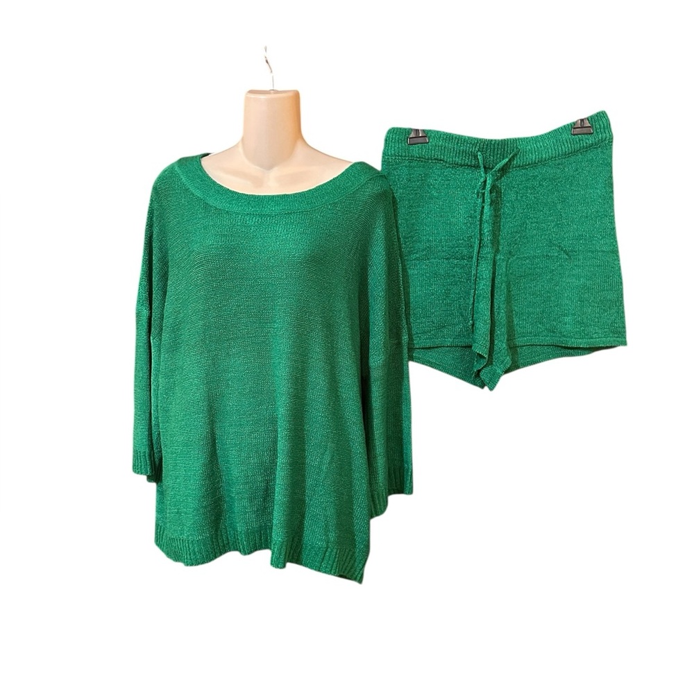 New‎ Two Piece Solid Set Top Shorts Tie Waist Adjustable Green - Picture 2 of 8